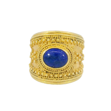 Vintage Greek Lalaounis Cabochon Lapis Hellenistic Ring in 18K Gold