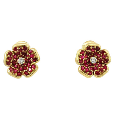 Asprey Ruby Diamond Earrings Flower Motif 18K Yellow Gold ~2.43ctw
