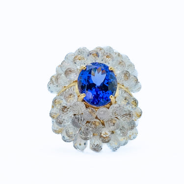 Tanzanite Briolette White Sapphire & Diamond Cluster Cocktail Ring 18k Gold