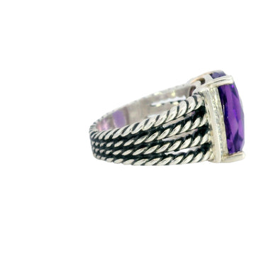 David Yurman Purple Amethyst Sterling Silver Rope Ring with Diamonds