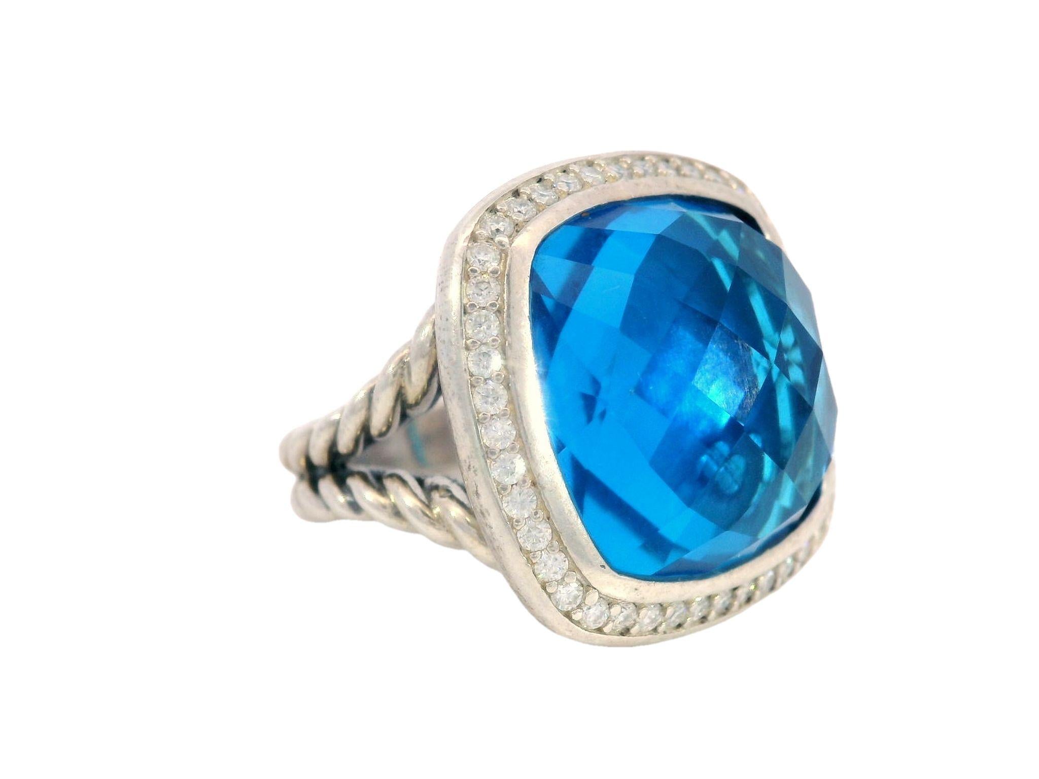 David Yurman Blue Topaz Sterling Silver Rope Ring with Diamonds