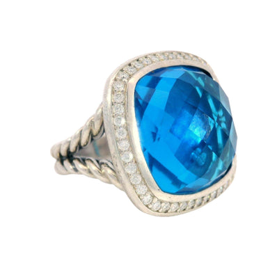 David Yurman Blue Topaz Sterling Silver Rope Ring with Diamonds