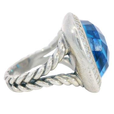 David Yurman Blue Topaz Sterling Silver Rope Ring with Diamonds