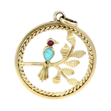 Vintage Van Cleef Arpels Turquoise and Ruby Bird Pendant Charm 18 Karat Gold