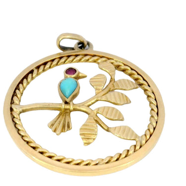 Vintage Van Cleef Arpels Turquoise and Ruby Bird Pendant Charm 18 Karat Gold