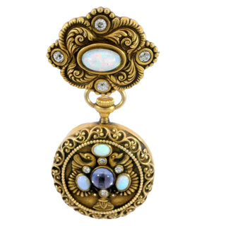 Riker Brothers Art Nouveau Opal and Sapphire Pocket Watch Brooch 14 Karat Gold