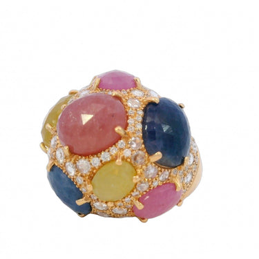 Modern G. Verdi Multicolored Rose Cut Sapphire and Diamond Ring in 18 Karat Gold