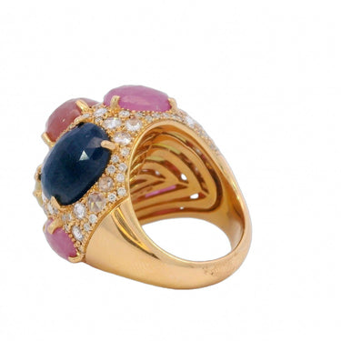 Modern G. Verdi Multicolored Rose Cut Sapphire and Diamond Ring in 18 Karat Gold