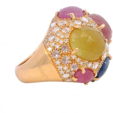 Modern G. Verdi Multicolored Rose Cut Sapphire and Diamond Ring in 18 Karat Gold