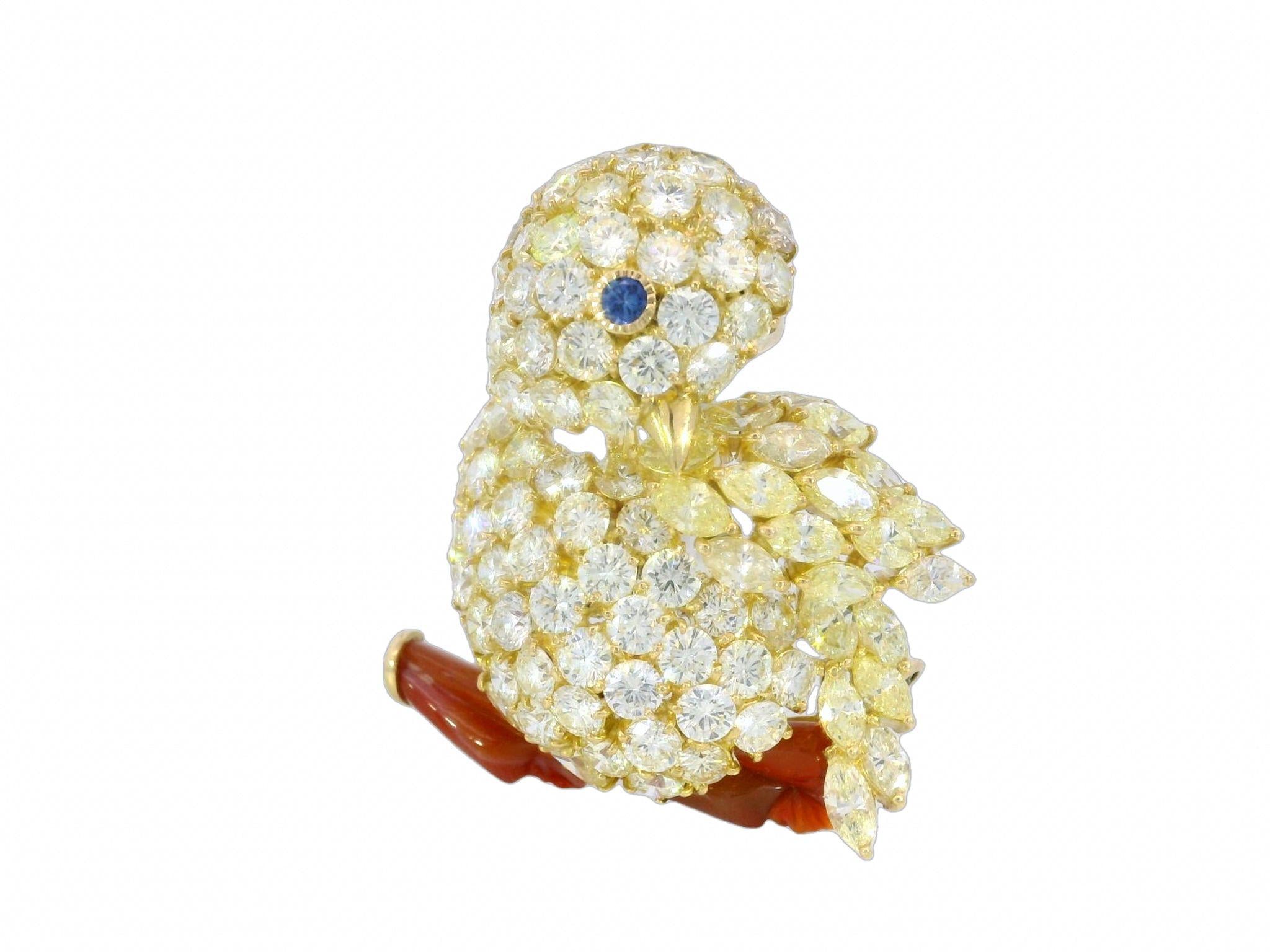 Modern Canary Bird Brooch With 14ctw of Yellow and White Diamonds in 18k Gold