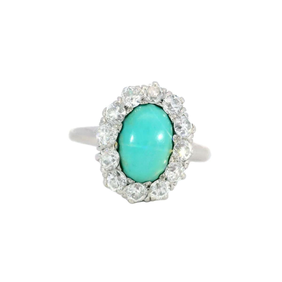 Victorian Turquoise and Old Mine Cut Diamond Cluster Ring ~2.57ctw