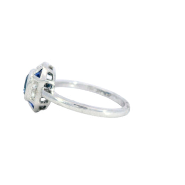 Art Deco Style Blue Sapphire and Diamond Ring Button Ring in 18K white Gold