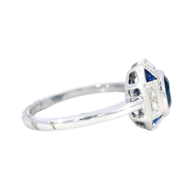 Art Deco Style Blue Sapphire and Diamond Ring Button Ring in 18K white Gold