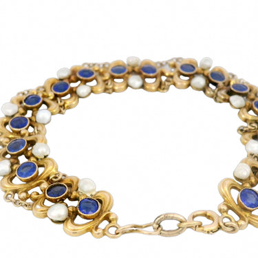 Art Nouveau Pearl and Synthetic Sapphire Fancy Chain Link Bracelet