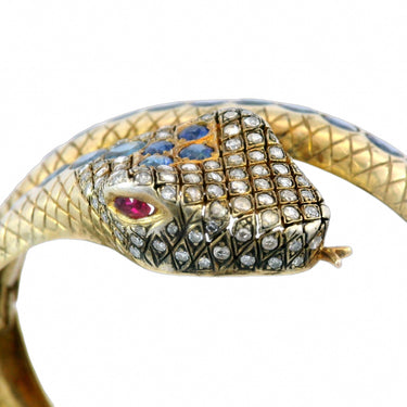 Vermeil Gold and Silver 9.6ct Natural Sapphire and Diamond Snake Bangle Bracelet