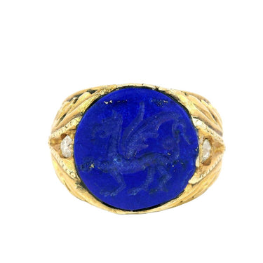 Art Nouveau Lapis Signet Ring Carved Griffin 14K Yellow Gold Size 8.5
