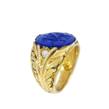 Art Nouveau Lapis Signet Ring Carved Griffin 14K Yellow Gold Size 8.5