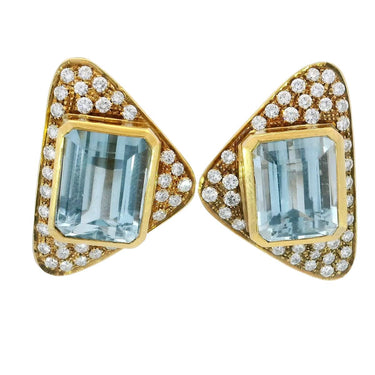 Estate Aquamarine Diamond Earrings 18K Yellow Gold Clip On Earrings ~21.28CTW