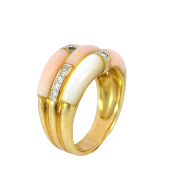 Vintage Coral Diamond Stacker Ring 18 Karat Yellow Gold Mother of Pearl Sz 5.75