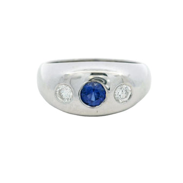 Vintage Three Stone Gypsy Ring with Sapphire and Diamonds in 14K White Gold