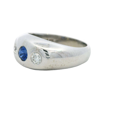 Vintage Three Stone Gypsy Ring with Sapphire and Diamonds in 14K White Gold