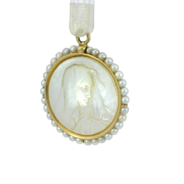 French Virgin Mary Charm Carved Mother of Pearl 18K Yellow Gold Pearl Frame