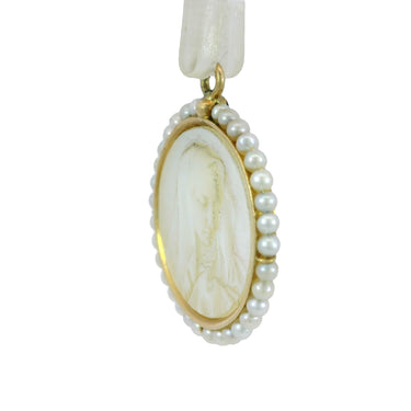 French Virgin Mary Charm Carved Mother of Pearl 18K Yellow Gold Pearl Frame