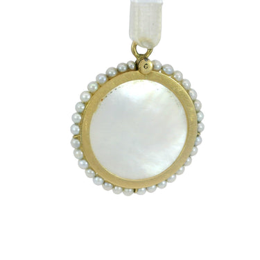 French Virgin Mary Charm Carved Mother of Pearl 18K Yellow Gold Pearl Frame