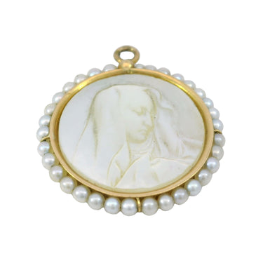 French Virgin Mary Charm Carved Mother of Pearl 18K Yellow Gold Pearl Frame