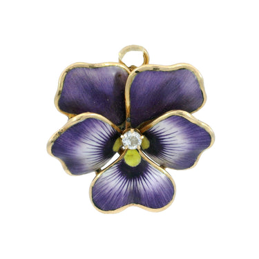 Art Nouveau Pansy Flower Enamel Pendant Brooch in 14K Yellow Gold