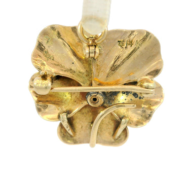 Art Nouveau Pansy Flower Enamel Pendant Brooch in 14K Yellow Gold