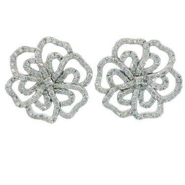 Modern Diamond Flower Earrings 18K White Gold Post Back Studs