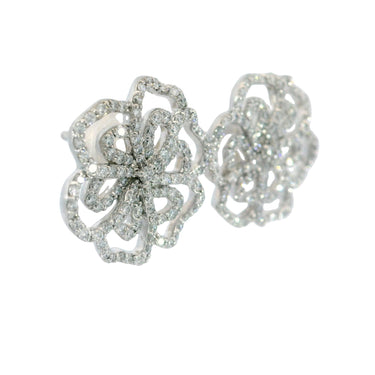 Modern Diamond Flower Earrings 18K White Gold Post Back Studs
