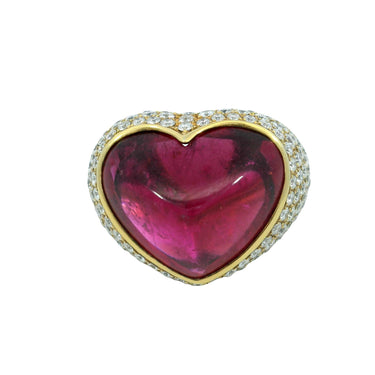 Estate 18K Heart Ring ~21ctw Rubellite and ~4.2ctw Pave Diamond in Yellow Gold
