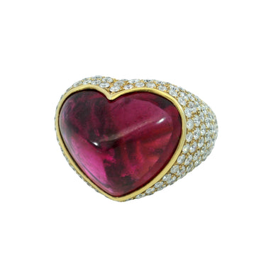 Estate 18K Heart Ring ~21ctw Rubellite and ~4.2ctw Pave Diamond in Yellow Gold