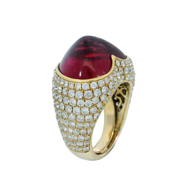 Estate 18K Heart Ring ~21ctw Rubellite and ~4.2ctw Pave Diamond in Yellow Gold