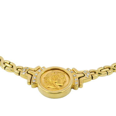 Vintage Gold Coin Necklace 18k Yellow Gold 16.5" Chain with Diamonds