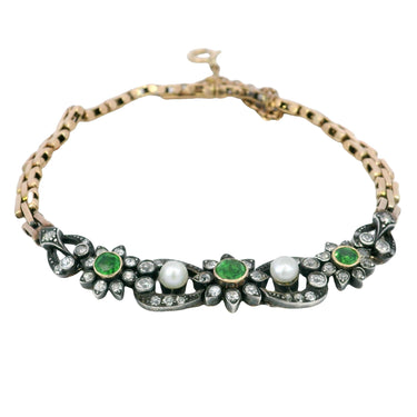 Victorian Demantoid Diamond Bracelet with Pearls 15kt Fit Size 6.5" ~1.5ctw