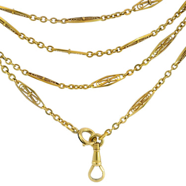 Art Nouveau Long Chain With Dog Clasp 18K Yellow Gold 60" in Length