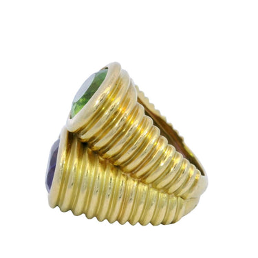 French Doppio Ring Peridot Amethyst Double Row Ring in 18K Yellow Gold