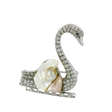 Vintage Diamond Swan Brooch Baroque Pearl Palladium ~1.28ctw