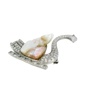 Vintage Diamond Swan Brooch Baroque Pearl Palladium ~1.28ctw