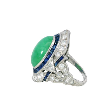 Vintage Jade Diamond Sapphire Platinum Statement Ring Art Deco Style ~7.94ctw