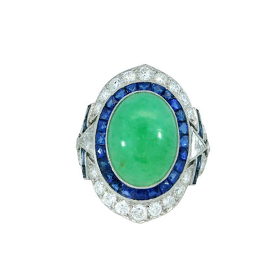 Vintage Jade Diamond Sapphire Platinum Statement Ring Art Deco Style ~7.94ctw