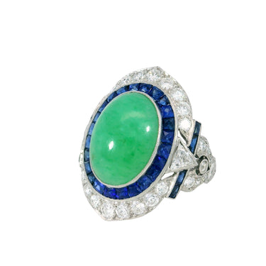 Vintage Jade Diamond Sapphire Platinum Statement Ring Art Deco Style ~7.94ctw