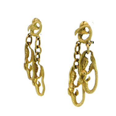 Vintage Mermaid Dangle Earrings 18K Yellow Gold Clip Ons
