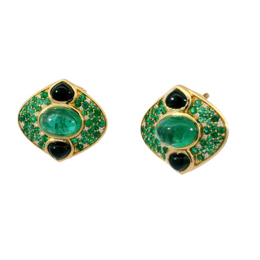 Marina B. Emerald Lucilla Clip On Earrings Black Spinel Diamonds 18K Yellow Gold