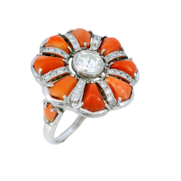 Unique Platinum Coral Diamond Cluster Ring European Cut Accents ~0.92ct Diamond