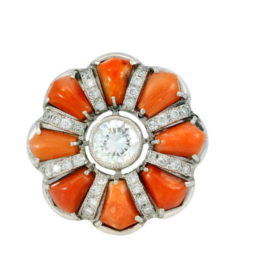 Unique Platinum Coral Diamond Cluster Ring European Cut Accents ~0.92ct Diamond