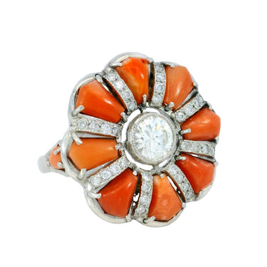 Unique Platinum Coral Diamond Cluster Ring European Cut Accents ~0.92ct Diamond